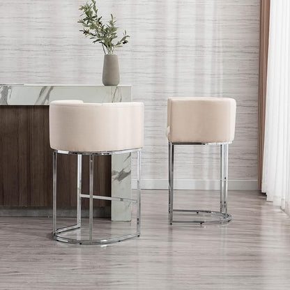 Modern Counter Height Linen Upholstered Bar Stools Set of 2, 29" Kitchen Counter Island Stools Bar Chairs with Chrome Finish Metal Frame for Kitchen Island, Cream