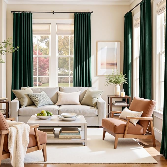 Lazzzy Velvet Blackout Curtains Thermal Insulated Room Window Drapes Super Soft Luxury Curtains for Living Room Bedroom Rod Pocket 2 Panels, Emerald Green, 52" W x 102" L