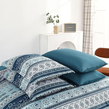 Cottolester Boho Blue Comforter Set Queen Size 8 Pieces,Teal Blue Comforter Bohemian Striped Bed in A Bag,Soft Microfiber Bedding Set for All Seasons