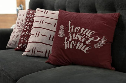 Ambesonne Modern Throw Pillow Cushion Case Pack of 4, Scandinavian Minimal Ornaments Boho Feather Leaves and Home Phrase Print, Modern Accent Double-Sided Digital Printing, 18", Pale Tan and Burgundy