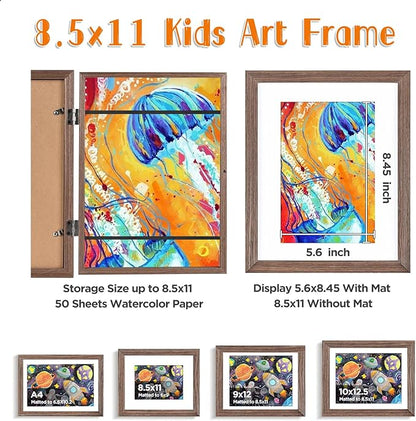 KINLINK 8.5x11 Kids Art Frames Set of 2, Solid Wood Kids Artwork Frames Changeable with Acrylic Front Opening Holds 150 Pictures, Art Frame for Kids Artwork with Mat or without Mat, Brown Wood