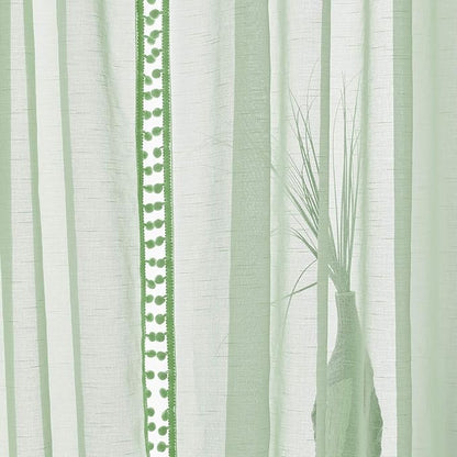 Treatmentex Pom-Pom Green Sheer Curtains for Bedroom 95inches Long Tassle Linen Textured Window Curtain Panels for Living Room Kids Room Kitchen 52" w, 1 Pair, Rod Pocket,Sage Green