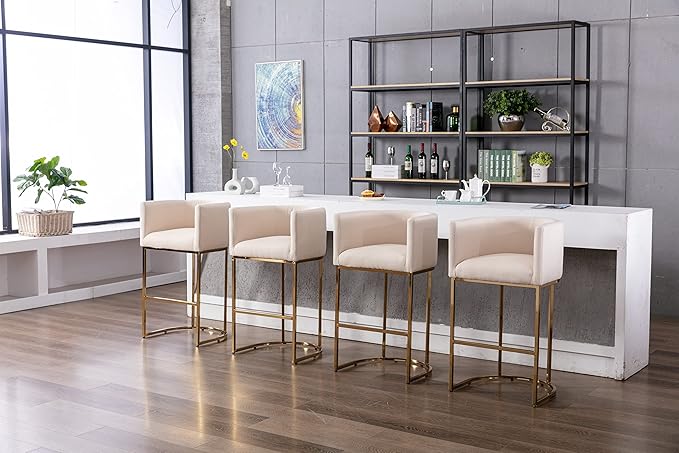 Modern Counter Height Linen Upholstered Bar Stools Set of 4, 32" Kitchen Counter Island Stools Bar Chairs with Gold Metal Frame for Kitchen Island, Cream