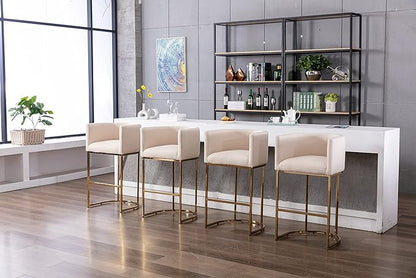 Modern Counter Height Linen Upholstered Bar Stools Set of 4, 32" Kitchen Counter Island Stools Bar Chairs with Gold Metal Frame for Kitchen Island, Cream