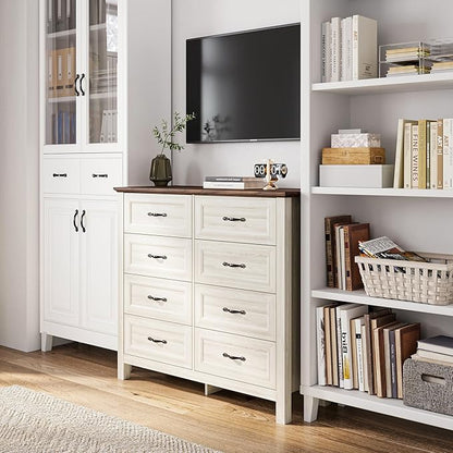 LINSY HOME Farmhouse 8 Drawers Dresser Chests for Bedroom, Wood Dresser Wide Chest of Drawers, Storage Dressers Organizer for Bedroom, Living Room,Hallway, SGS Certified