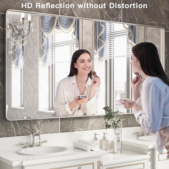 ISKM Large Mirror for Bathroom, 60 x 36 Inch Rectangle Silver Metal Framed Wall Mirrors for Vanity Modern Wall Mounted Decor (Horizontal/Vertical)