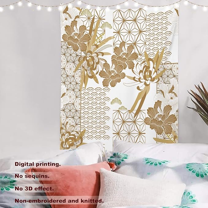 Batmerry Gold Japanese Floral Tapestry,Spring Wall Art Hanging Decoration Polyester Fiber White Ruffled Around for Dorm Room Bedroom Living Room, 59.1x51.2 inches