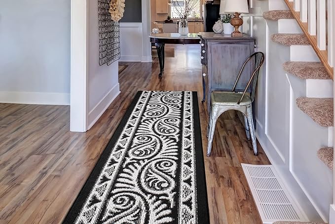 Custom Length Cut to Size Tribal Ethnic Southwestern Inspired Hallway Runner Rug, Non Slip Rubber Backed, 31 inch Wide X Customized Length, Mayan Black, 31 inch X 10 feet