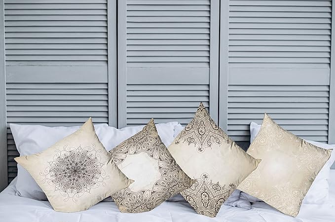 Ambesonne Ethnic Throw Pillow Cushion Case Pack of 4, Mandala Design Cultural Folkloric Motifs Swirling Floral Style Art Illustration, Modern Accent Double-Sided Digital Printing, 20", Eggshell Brown
