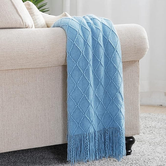 BOURINA Blue Throw Blanket 50x60 Inches Throw Textured Solid Soft Sofa Couch Decorative Knit Blanket