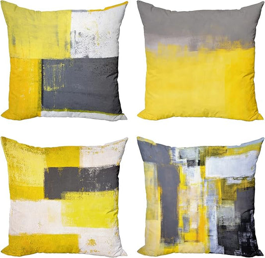 Ambesonne Modern Decorative Throw Pillow Covers Pack of 4, Abstract Grunge Themed Geometric Squares Paintbrush Stroke, Ornament for Home Accent Double-Sided Cases Digital Printing, 18", Yellow Grey