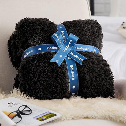 Bedsure GentleSoft Fluffy Black Throw Blanket Gifts for Men, Black Decor Soft Cozy Fuzzy Plush Minky Thick Warm Sherpa Fleece Faux Fur Throws for Couch Bed, Furry Blanket Gifts for Mom Dad, 50x60