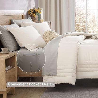 Monbix California King Size Comforter Set - 7 Pieces Bed in a Bag California King, White Bedding Sets with Comforter, All Seasons Down Alternative Comforter Bed Set with Sheets, Pillowcases & Shams