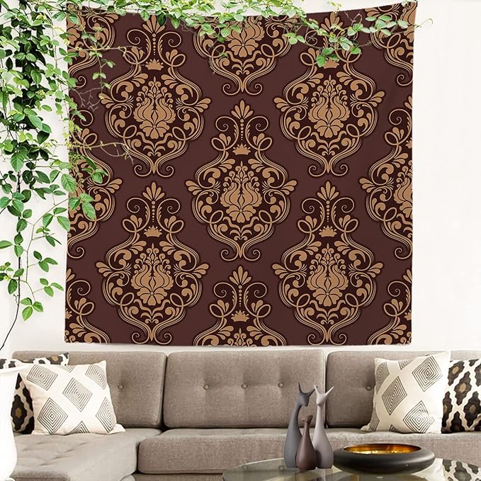 Batmerry Brown Damask Floral Tapestry,Vintage Golden Brown Damask Pattern Wall Art Hanging Decoration Polyester Fiber White Ruffled Around for Dorm Room Bedroom Living Room, 59.1x59.1 inches