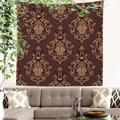 Batmerry Brown Damask Floral Tapestry,Vintage Golden Brown Damask Pattern Wall Art Hanging Decoration Polyester Fiber White Ruffled Around for Dorm Room Bedroom Living Room, 59.1x59.1 inches