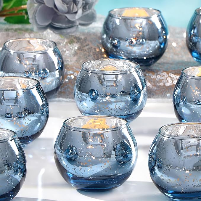 LAMORGIFT 36 Pcs Blue Votive Candle Holders - Mercury Glass Tealight Holders for Dusty Blue Wedding Decor, Centerpiece Table Decorations