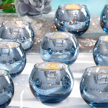 LAMORGIFT 36 Pcs Blue Votive Candle Holders - Mercury Glass Tealight Holders for Dusty Blue Wedding Decor, Centerpiece Table Decorations