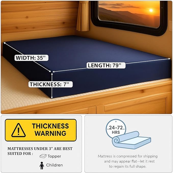 Foamma 7” x 35” x 79” Water Resistant Gel Memory Foam RV Bunk Mattress, Firm High Density Foam Base, Comfortable and Durable Polyester Cover, Truck, Camper, Travel Trailer, Made in USA