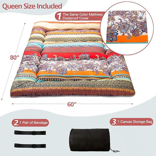 MAXYOYO Bohemian Retro Floor Mattress Vintage Floral Japanese Futon Mattress Roll Up Thicken Sleeping Bed Portable Camping Mattress Floor Lounger Couch Bed Mattress Pad, Queen Size