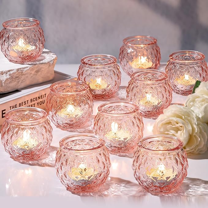 DARJEN Pink Votive Candle Holders Set of 24- Round Glass Candle Holders Bulk for Flameless LED Tea Waxes, Romantic Candle Holder for Wedding & Home Table Decor, Various Parties