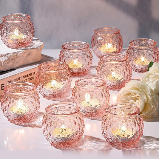DARJEN Pink Votive Candle Holders Set of 24- Round Glass Candle Holders Bulk for Flameless LED Tea Waxes, Romantic Candle Holder for Wedding & Home Table Decor, Various Parties