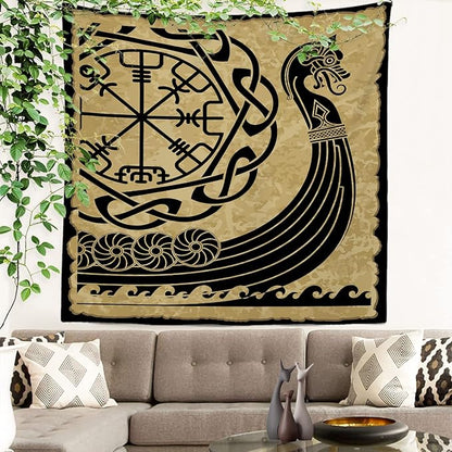 Batmerry Vikings Ancient Scandinavian Tapestry,Warship Boat Old Ancient Sea Wall Art Hanging Decoration Polyester Fiber White Ruffled Around for Dorm Room Bedroom Living Room, 59.1x59.1 inches