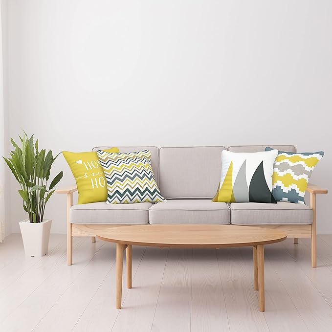 Ambesonne Modern Throw Pillow Cushion Case Pack of 4, Geometric Style Pattern of Triangles Zigzags Love Home Phrase Print, Modern Accent Double-Sided Digital Printing, 16", Yellow Slate Blue and Tan