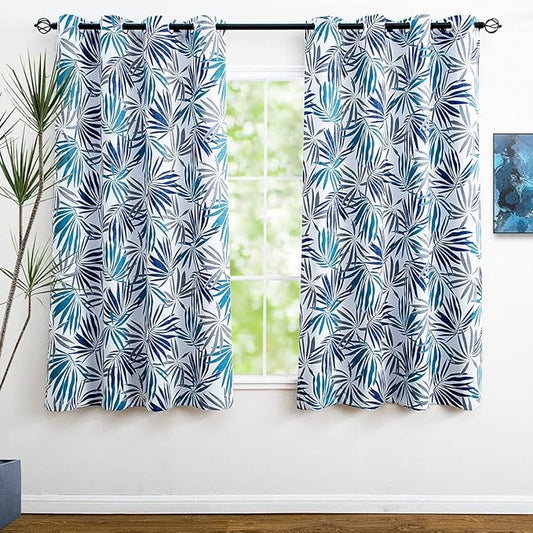 Linentalks Blue Leaf Curtains for Bedroom, Blue Gray Patterned Blackout Curtains 63 Inch Length 2 Panels Set, Light Blocking Room Darkening Curtains Grommet Thermal Insulating Navy Black Out Drapes