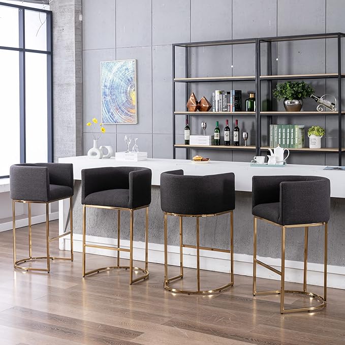 Modern Counter Height Linen Upholstered Bar Stools Set of 2, 32" Kitchen Counter Island Stools Bar Chairs with Gold Metal Frame for Kitchen Island, Charcoal