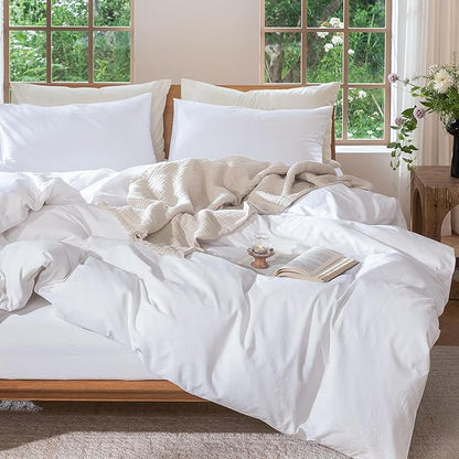 MooMee Bedding Duvet Cover Set 100% Washed Cotton Linen Like Textured Breathable Durable Soft Comfy (Solid Bright White, Queen 90"x90")