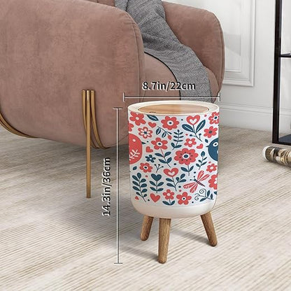 Small Trash Can with Lid Scandinavian Folk Art Seamless Birds Flowers spirng Happy Garbage Bin Pet Proof Waste Basket for Kitchen Bathroom Office Bedroom Decorative 1.8 Gallon