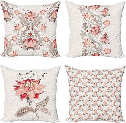 Ambesonne Vintage Throw Pillow Cushion Case Pack of 4, Ethnic Folkloric Flower Motifs in Neutral Tones Nostalgic Floral, Modern Accent Double-Sided Digital Printing, 24", Salmon Vermilion