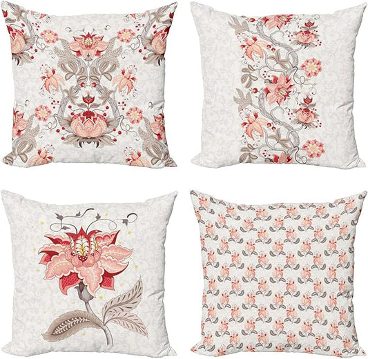 Ambesonne Vintage Throw Pillow Cushion Case Pack of 4, Ethnic Folkloric Flower Motifs in Neutral Tones Nostalgic Floral, Modern Accent Double-Sided Digital Printing, 24", Salmon Vermilion