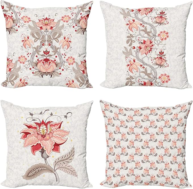 Ambesonne Vintage Throw Pillow Cushion Case Pack of 4, Ethnic Folkloric Flower Motifs in Neutral Tones Nostalgic Floral, Modern Accent Double-Sided Digital Printing, 16", Salmon Vermilion