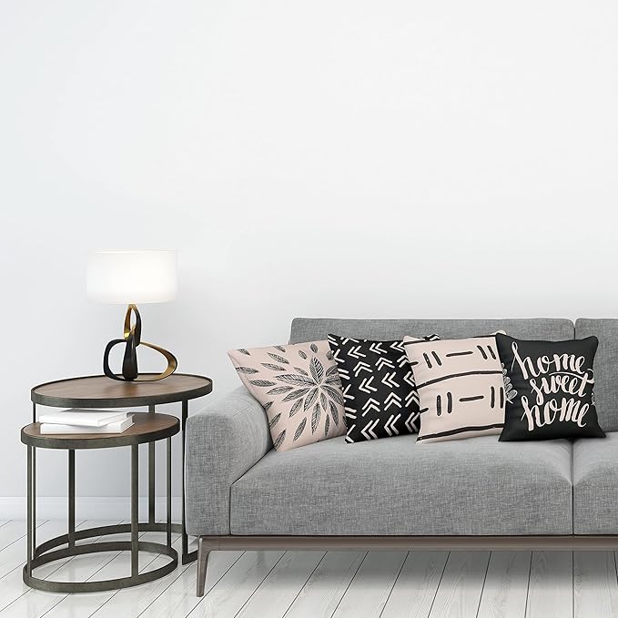 Ambesonne Modern Throw Pillow Cushion Case Pack of 4, Scandinavian Minimal Ornaments Boho Feather Leaves and Home Phrase, Modern Accent Double-Sided Digital Printing, 16", Pale Tan and Charcoal Grey