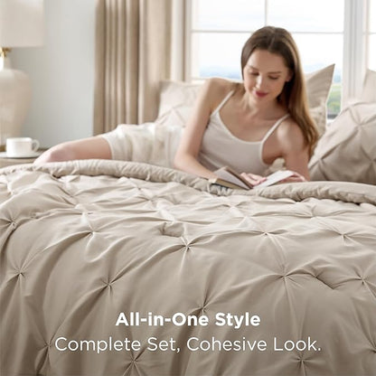 Bedsure Oversized King Comforter Set Beige - Bed in a Bag Bedding Set 7 Pieces, GentleSoft™ Pintuck Bed Set Gift for Family, Pinch Pleat Beige Comforter with Sheets, Pillowcases & Shams