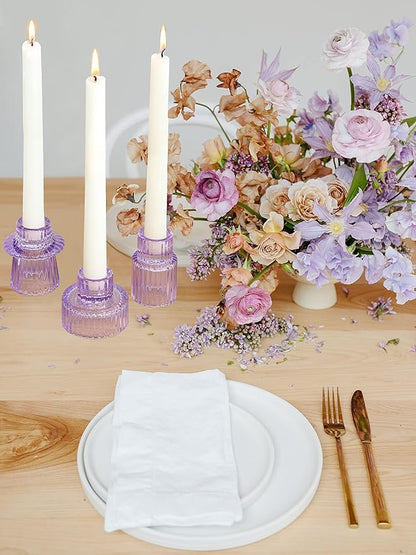 Vixdonos Taper Glass Candlestick Holders Tealight Candle Holders for Table Centerpieces, Wedding Decor and Dinner Party (6 Pcs, Purple)