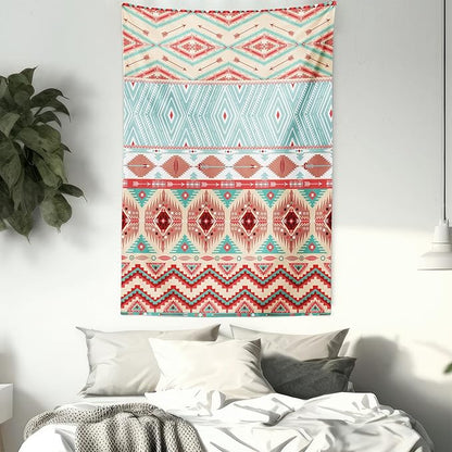 Lunarable Aztec Tapestry Twin Size, Culture Inspirations Ornamental Indigenous Chevron, Wall Hanging Bedspread Bed Cover Wall Decor, Twin Size, Turquoise Beige
