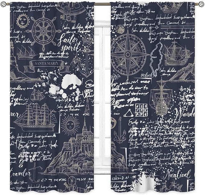 Vintage Nautical Curtains, Marine Coastal Sailboat Compass Anchor Ocean Beach Old Pirate Map Navy Blue Blackout Retro Drapes for Bedroom Living Room Kitchen Bathroom Window 2 Panels, 63"x72" Inch