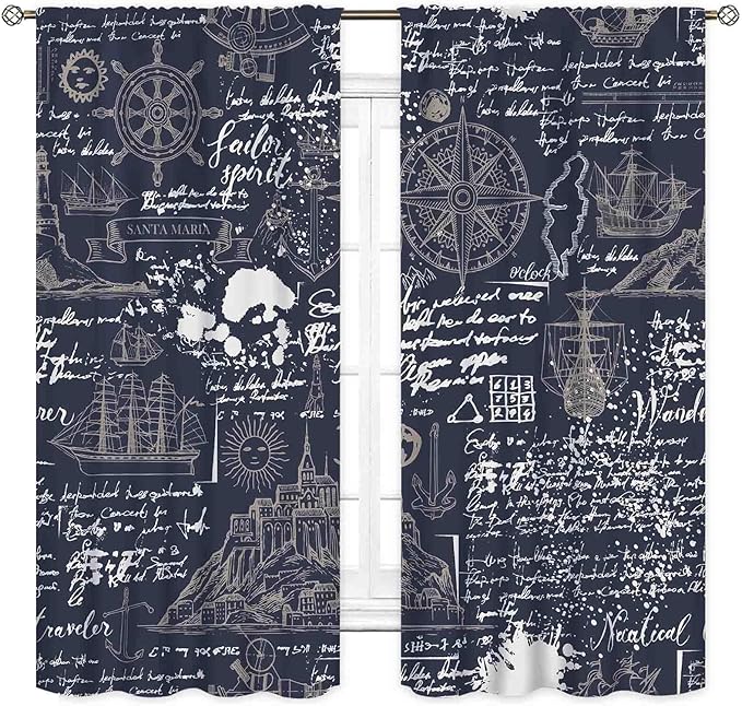 Vintage Nautical Curtains, Marine Coastal Sailboat Compass Anchor Ocean Beach Old Pirate Map Navy Blue Blackout Retro Drapes for Bedroom Living Room Kitchen Bathroom Window 2 Panels, 42"x54" Inch