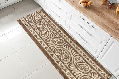 Custom Length Cut to Size Tribal Ethnic Southwestern Inspired Hallway Runner Rug, Non Slip Rubber Backed, 31 inch Wide X Customized Length, Mayan Brown, 31 inch X 4 feet, Doormat Size