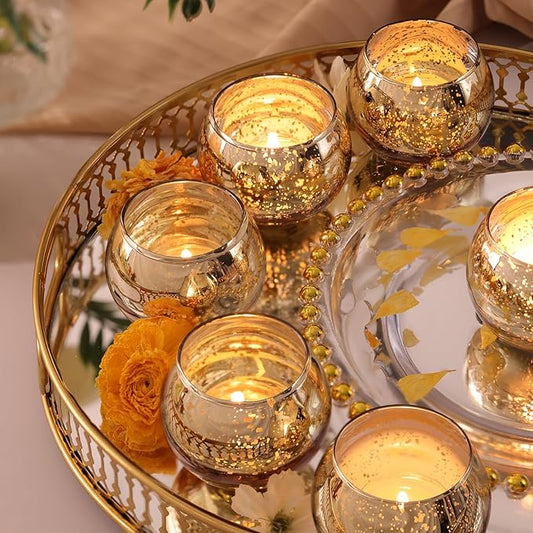 LAMORGIFT 12 Pcs Gold Votive Candle Holders -Gold Mercury Glass Candle Holders, Diwali Decorations for Home, Wedding Centerpieces for Tables, Christmas Tea Light Holders
