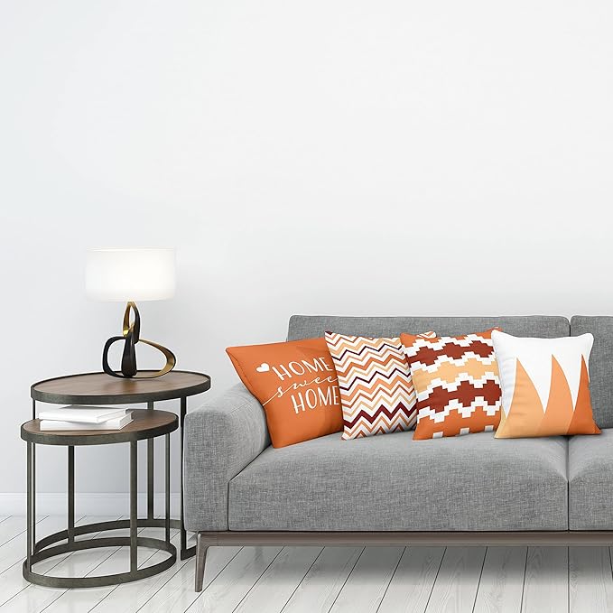 Ambesonne Modern Throw Pillow Cushion Case Pack of 4, Geometric Style Pattern of Triangles Zigzags Love Home Phrase Print, Modern Accent Double-Sided Digital Printing, 18", Burnt Orange and Burgundy