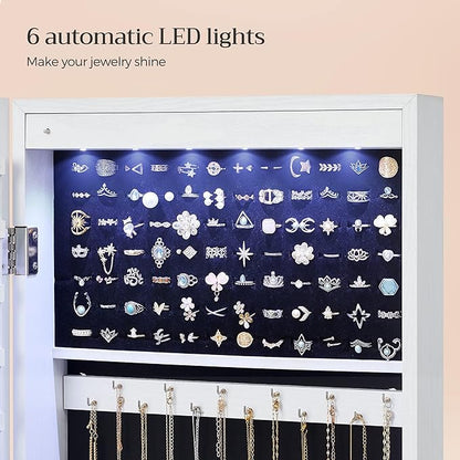 SONGMICS 6 LEDs Mirror Jewelry Cabinet, 47.2-Inch Tall Lockable Wall or Door Mounted Jewelry Armoire Organizer with Mirror, 2 Drawers, Christmas Gift, 3.9 x 14.6 x 47.2 Inches, White