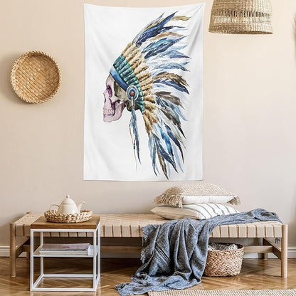 Lunarable Watercolor Tapestry, Skull Native Hat Indigenous Cultures Circle of Life Death, Wall Hanging for Bedroom Living Room Dorm Decor, 40" X 60", Cream Blue