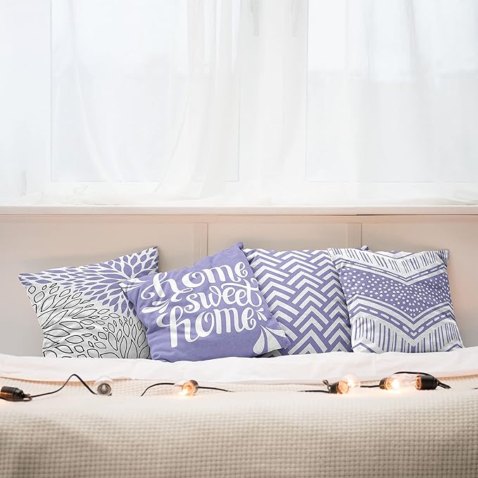 Ambesonne Geometric Throw Pillow Cushion Case Pack of 4, Home Phrase Minimal Zigzag Squama Dahlia Flower Petals Chevron Tribal, Modern Accent Double-Sided Digital Printing, 16", Lavender and White