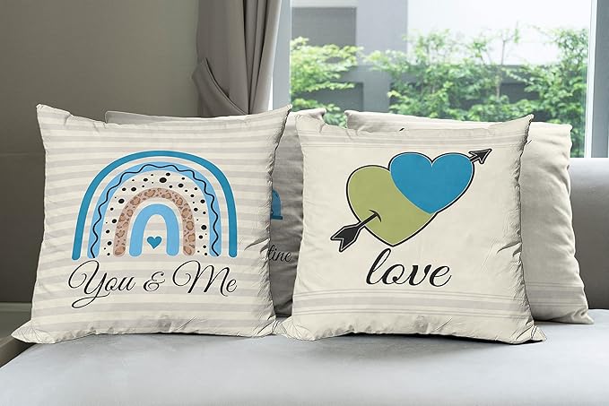 Ambesonne Romantic Throw Pillow Cushion Case Pack of 4, Love Hearts Arrow You and Me Be My Valentine Hugs Kisses Lettering, Modern Accent Double-Sided Digital Printing, 20", Ivory Blue and Olive Green