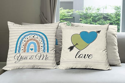Ambesonne Romantic Throw Pillow Cushion Case Pack of 4, Love Hearts Arrow You and Me Be My Valentine Hugs Kisses Lettering, Modern Accent Double-Sided Digital Printing, 20", Ivory Blue and Olive Green
