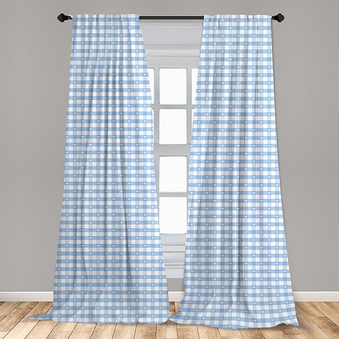 Ambesonne Checkered Window Curtains Pack of 2, Gingham Motif with Little Hearts Pastel Blue Shower Theme, Lightweight Set with Rod Pocket, 4 Panels of - 28" x 95", Blue
