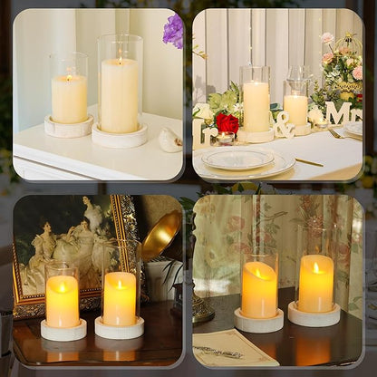 Set of 2 Hurricane Candle Holders with Wood Base & Glass Cylinder (4.2x5.9” & 4.6x7.8”) – Rustic Wooden Candle Holders for Home Decor, Weddings, Table Centerpieces